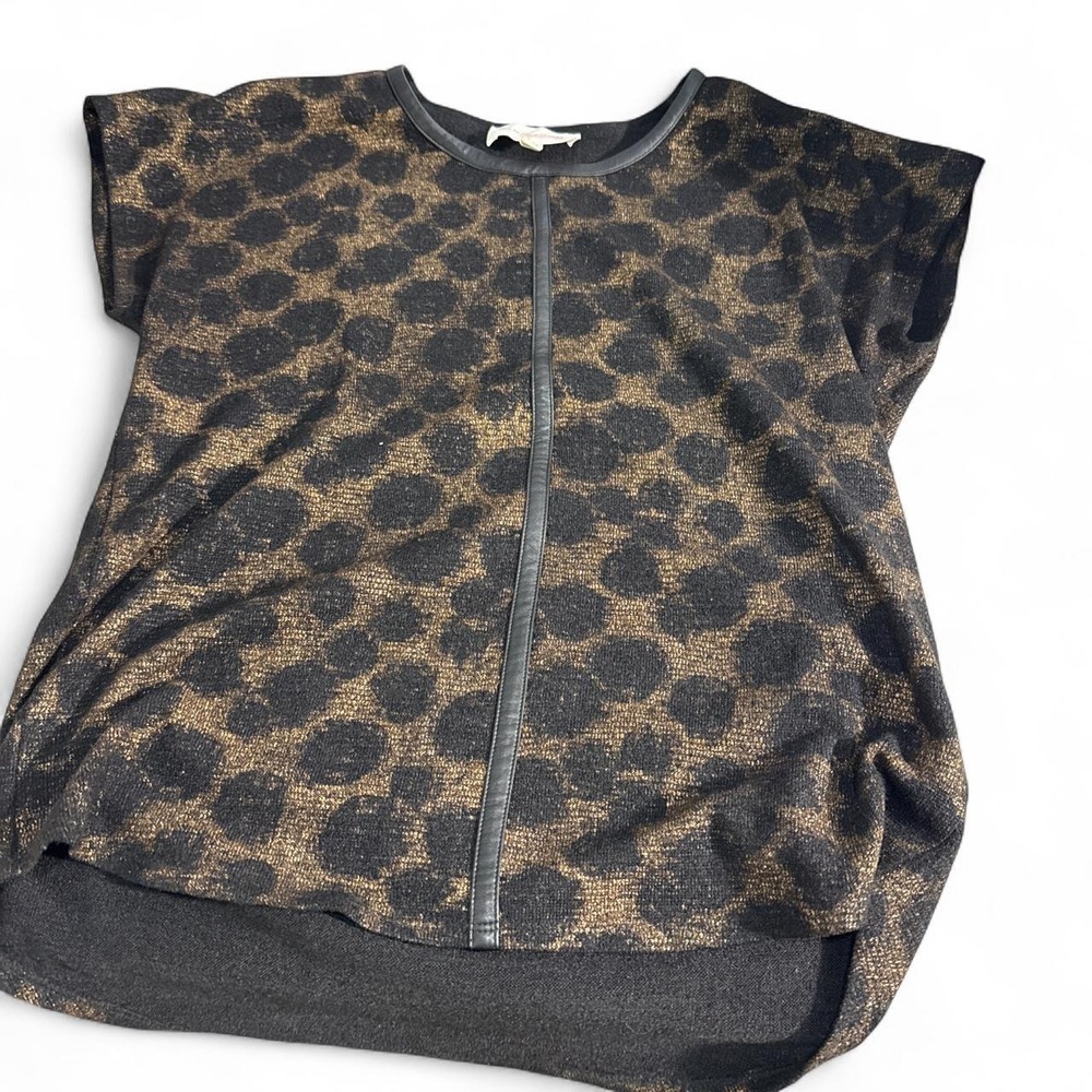 Two by Vince Camuto Womens XS Metallic Leopard Print Faux Leather Trim Knit Top